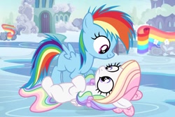 Size: 1819x1220 | Tagged: safe, artist:cstrawberrymilk, rainbow dash, oc, oc:rainbow heart (cstrawberrymilk), female, filly, filly rainbow dash, foal, g4, imported from derpibooru, outdoors, pegasus, pony, quadrupedal, younger