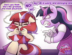 Size: 2418x1836 | Tagged: safe, artist:xconito, twilight sparkle, alternate universe, anthro, blushing, clothes, cross-popping veins, crush, dialogue, duo, emanata, eyebrows, eyebrows visible through hair, female, filly, foal, g4, glasses, gloves, horn, horn ring, implied shipping, implied transgender, implied trickdancer, implied trixie, imported from derpibooru, intentional misgendering, magic suppression, misgendering, moondancer, my little sombra: resistance is magic, ring, speech bubble, transphobia, unicorn, unicorn twilight