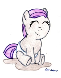 Size: 825x1045 | Tagged: safe, artist:silversimba01, oc, oc:kizo, clothes, costume, earth pony, earth pony oc, eyes closed, female, filly, foal, g4, imported from derpibooru, oc only, simple background, sitting, smiling, solo, traditional art, white background