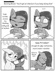 Size: 1850x2379 | Tagged: semi-grimdark, artist:chopsticks, pinkie pie, oc, oc:chopsticks, oc:cookie cutter, ..., 4 panel comic, aaaaaaaaaa, ask cookie cutter, bleeding, blood, bust, canon x oc, cheek fluff, chest fluff, comic, concerned, crying, cuddling, dialogue, ear fluff, earth pony, elbow fluff, eye clipping through hair, eyebrows, eyebrows visible through hair, female, filly, floppy ears, foal, g4, gritted teeth, hair over one eye, hat, head tilt, husband and wife, imported from derpibooru, leg fluff, looking away, male, monochrome, oc only, open mouth, pegasus, pinkamena diane pie, rubbing alcohol, sad, scar, screaming, self deprecation, self harm, self harm scars, shipping, shoulder fluff, simple background, sink, stray strand, talking to viewer, tears of pain, teary eyes, teeth, this ended in pain, this will not end well, trio, vulgar, white background, wing hands, wing hold, wings
