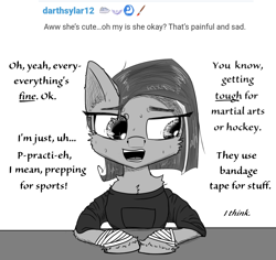 Size: 1350x1274 | Tagged: safe, artist:chopsticks, oc, oc:cookie cutter, ask cookie cutter, bandage, blatant lies, cheek fluff, chest fluff, denial, dialogue, ear fluff, elbow fluff, eye clipping through hair, eyebrows, eyebrows visible through hair, female, filly, foal, hair over one eye, implied self harm, imported from derpibooru, leg fluff, looking away, monochrome, oc only, pegasus, sad, simple background, solo, stray strand, stuttering, sweat, sweatshirt, talking to viewer, white background