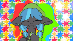 Size: 854x480 | Tagged: safe, artist:tamers12345, oc, oc:aspis, animated, autism, bangs, blue mane, changeling, changepony, colorful, dancing, earbuds, eyes closed, eyestrain warning, fangs, female, filly, foal, gif, grin, hat, hybrid, imported from derpibooru, interspecies offspring, ipod, my little pony: trixie meets twilight's parents and immediately regrets it..., offspring, parent:queen chrysalis, parent:shining armor, parents:shining chrysalis, puzzle piece, rainbow, smiling, solo, stars, tamers12345