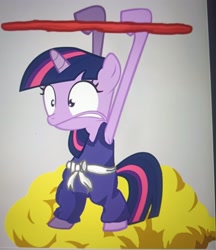 Size: 2444x2835 | Tagged: safe, artist:oumirot, twilight sparkle, bipedal, clothes, cosplay, costume, crossover, cute, dragon ball, edit, female, filly, filly twilight sparkle, foal, g4, horn, imported from derpibooru, my little pony: friendship is magic, photo, picture of a screen, pony, season 1, solo, son goku, the cutie mark chronicles, twiabetes, unicorn, unicorn twilight, younger