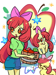 Size: 1440x1920 | Tagged: safe, artist:youru52715, apple bloom, :d, ><, abstract background, apple, apple basket, basket, bow, breasts, clothes, cowboy shot, denim, denim shorts, earth pony, equestria girls, eyes closed, female, filly, foal, food, full body, g4, green shirt, hair bow, holding, imported from derpibooru, long hair, multiple views, open mouth, open smile, pink bow, pony, shirt, shorts, simple background, small breasts, smiling, white background