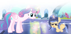 Size: 1280x615 | Tagged: safe, artist:stardustsentryyt105, princess flurry heart, oc, oc:star dust, alicorn, baby, baby pony, cousins, female, filly, foal, g4, imported from derpibooru, mare, offspring, older, older flurry heart, outdoors, parent:flash sentry, parent:twilight sparkle, parents:flashlight, pony