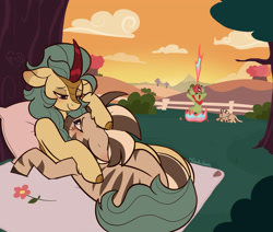 Size: 2413x2048 | Tagged: safe, artist:triadichues, oc, oc:chrysanthemum, oc:chrysanthemum (tender), oc:foggy dawn, oc:mamella, oc:sebete, blushing, colt, commission, cuddling, family, female, filly, fire, floppy ears, foal, imported from derpibooru, kirin, lidded eyes, looking at each other, looking at someone, love, lying down, male, mare, oc only, on side, outdoors, pony, signature, sunset, zebra