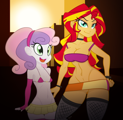 Size: 3000x2910 | Tagged: questionable, artist:reiduran, artist:wicked-at-heart, sweetie belle, banned from derpibooru, bimbo, equestria girls, erect nipples, female, females only, imported from twibooru, lolicon, slutset shimmer, slutty-belle, source needed, sunset shimmer, underage