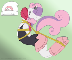 Size: 3363x2804 | Tagged: questionable, artist:eccentricpone, artist:ryuseihikari, sweetie belle, anthro, banned from derpibooru, blushing, bondage, clothes, cosplay, costume, dawn, dress, eyes closed, gag, hat, horn, horn ring, imported from twibooru, lolicon, over the nose gag, pokémon, ring, rope, scarf, simple background, underage