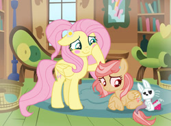 Size: 1280x949 | Tagged: safe, artist:stardustsentryyt105, fluttershy, oc, oc:heartbeat, female, filly, foal, g4, hybrid, imported from derpibooru, indoors, interspecies offspring, mare, mother and child, mother and daughter, offspring, parent:discord, parent:fluttershy, parents:discoshy, pegasus, pony
