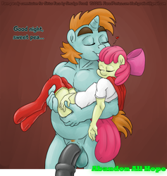 Size: 1421x1500 | Tagged: explicit, grimdark, artist:smudge proof, apple bloom, comic:abandon all hope, abandon all hope, absorption, anthro, banned from derpibooru, bottomless, carrying, clothes, commission, fall of equestria, female, femsub, imported from twibooru, kissing, lolicon, male, maledom, midriff, nudity, partial nudity, penis, rape, sex, shocker, size difference, sleeping, snips, snipsbloom, stockholm syndrome, submissive, superfilly, superhero, text, underage