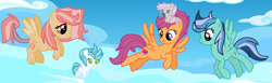 Size: 1280x394 | Tagged: safe, artist:stardustsentryyt105, scootaloo, oc, oc:heartbeat, oc:prism spark, oc:windy wild, baby, baby pony, female, filly, foal, g4, hybrid, imported from derpibooru, interspecies offspring, mare, offspring, older, older scootaloo, parent:discord, parent:fluttershy, parent:rainbow dash, parent:soarin', parents:discoshy, parents:soarindash, pegasus, pony