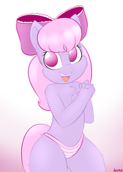 Size: 1000x1400 | Tagged: suggestive, artist:lamia, oc, oc:phinora, anthro, anthro oc, banned from derpibooru, bow, chest fluff, clothes, female, hair bow, imported from twibooru, lolicon, oc only, panties, pink underwear, solo, solo female, striped underwear, underage, underwear