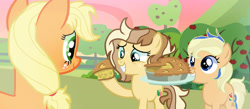 Size: 1280x560 | Tagged: safe, artist:stardustsentryyt105, applejack, oc, oc:apple beam, oc:zap apple, earth pony, female, filly, foal, g4, imported from derpibooru, mare, mother and child, mother and daughter, offspring, outdoors, parent:applejack, parent:caramel, parent:double diamond, parents:applediamond, parents:carajack, pony