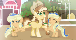 Size: 1147x603 | Tagged: safe, artist:stardustsentryyt105, oc, oc:apple beam, oc:golden zap, oc:zap apple, earth pony, female, filly, foal, imported from derpibooru, mare, offspring, outdoors, parent:applejack, parent:caramel, parent:double diamond, parents:applediamond, parents:carajack, pony, siblings, sisters, twins
