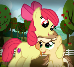 Size: 748x676 | Tagged: safe, artist:stardustsentryyt105, apple bloom, oc, oc:apple beam, aunt and niece, earth pony, female, filly, foal, g4, imported from derpibooru, mare, offspring, older, older apple bloom, outdoors, parent:applejack, parent:caramel, parents:carajack, pony
