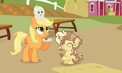 Size: 1280x762 | Tagged: safe, artist:stardustsentryyt105, applejack, oc, oc:apple beam, oc:misty frost, baby, baby pony, earth pony, female, filly, foal, g4, imported from derpibooru, mare, mother and child, mother and daughter, offspring, outdoors, parent:applejack, parent:caramel, parent:double diamond, parents:applediamond, parents:carajack, pony