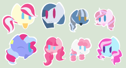 Size: 881x481 | Tagged: safe, artist:byedrian, oc, oc:bubblegum, oc:candy crush, oc:cloudy skies, oc:crispy cream, oc:pindrop, oc:sprinkles mini-me pie, oc:sugar pop, oc:sugar rush, earth pony, female, filly, foal, green background, horn, imported from derpibooru, interdimensional siblings, male, mare, oc only, offspring, one eye closed, outline, parent:pinkie pie, parent:pokey pierce, parents:pokeypie, pony, simple background, smiling, stallion, unicorn, white outline, wink