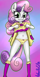 Size: 1150x2212 | Tagged: suggestive, artist:anibaruthecat, sweetie belle, anthro, banned from derpibooru, belly button, breasts, clothes, delicious flat chest, dress, exhibitionism, female, frilly underwear, imported from twibooru, lolicon, panties, skirt, skirt lift, solo, solo female, underage, underwear, yellow underwear