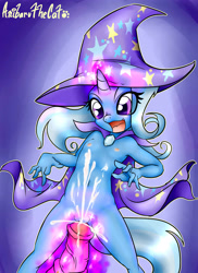 Size: 3400x4676 | Tagged: explicit, artist:anibaruthecat, anthro, banned from derpibooru, belly button, breasts, cape, clothes, cum, cumming, delicious flat chest, female, flatrixie, hat, horsecock, imported from twibooru, lolicon, magic, magical stimulation, male, nipples, nudity, penis, straight, trixie, trixie's cape, trixie's hat, underage, vagina, vulva, younger