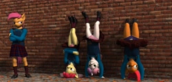 Size: 3846x1824 | Tagged: suggestive, artist:tahublade7, apple bloom, babs seed, scootaloo, sweetie belle, 3d, absurd resolution, angry, anthro, banned from derpibooru, boots, clothes, cutie mark crusaders, embarrassed, flower pattern underwear, frilly underwear, handstand, hello kitty, imported from twibooru, lolicon, panties, polka dot underwear, purple underwear, school uniform, shoes, skirt, skirt flip, smug, socks, underage, underwear, upside down, wall, worried