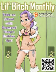 Size: 1500x1918 | Tagged: questionable, artist:smudge proof, diamond tiara, banned from derpibooru, canterlot high, clothes, cover, equestria girls, imported from twibooru, lil' bitch monthly, locker, lolicon, magazine, patreon, underage, underwear