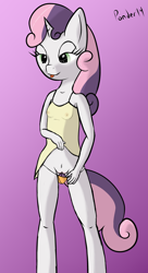 Size: 653x1200 | Tagged: explicit, artist:ponder, sweetie belle, anthro, banned from derpibooru, breasts, clothes, delicious flat chest, dress, female, imported from twibooru, lolicon, nipples, nudity, panties, panties pulled down, see-through, skirt, skirt lift, solo, solo female, thong, underage, underwear, undressing, vulva