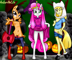 Size: 2046x1700 | Tagged: explicit, artist:anibaruthecat, apple bloom, scootaloo, sweetie belle, adventure time, anthro, banned from derpibooru, belly button, breasts, clothes, cosplay, costume, cutie mark crusaders, delicious flat chest, female, finn the human, flatie belle, flattle bloom, guitar, halloween, holiday, imported from twibooru, jack-o-lantern, lolicon, marceline, musical instrument, nightmare night, nudity, one eye closed, presenting, princess bubblegum, pumpkin, scootaflat, underage, vulva, wink