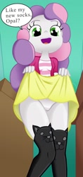 Size: 768x1622 | Tagged: suggestive, artist:ohohokapi, sweetie belle, banned from derpibooru, clothes, equestria girls, imported from twibooru, lolicon, panties, skirt, skirt lift, socks, solo, underage, underwear, upskirt, white underwear