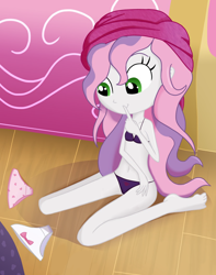 Size: 832x1056 | Tagged: suggestive, artist:ohohokapi, sweetie belle, banned from derpibooru, belly button, bra, clothes, drying, edit, equestria girls, female, g4, heart, heart (organ), heart print underwear, human, imported from twibooru, lingerie, lolicon, organs, panties, ribbon, solo, thong, towel, underage, underwear, underwear edit, wet, wet hair, wet mane