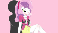 Size: 1371x771 | Tagged: questionable, artist:fromamida, sweetie belle, bad touch, banned from derpibooru, blushing, breast grab, breasts, embarrassed, equestria girls, grope, imported from twibooru, lolicon, molestation, one eye closed, open mouth, personal space invasion, simple background, underage