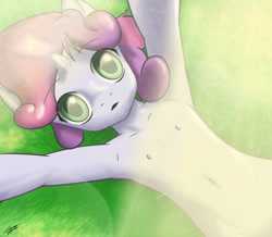 Size: 1860x1620 | Tagged: questionable, artist:skecchiart, sweetie belle, anthro, banned from derpibooru, grass, imported from twibooru, lolicon, looking at you, lying down, nudity, on back, solo, underage