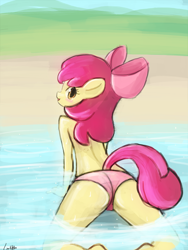 Size: 720x960 | Tagged: suggestive, artist:lumineko, apple bloom, anthro, banned from derpibooru, bloom butt, blushing, butt, clothes, cute, female, imported from twibooru, lolicon, looking back, panties, solo, solo female, underage, underwear