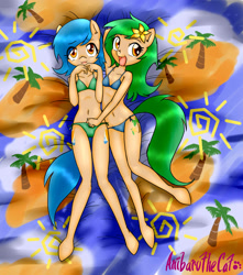 Size: 1498x1692 | Tagged: suggestive, artist:anibaruthecat, oc, oc:palm breeze, oc:summer tan, anibaruthecat bed, anthro, anthro oc, banned from derpibooru, belly button, bikini, clothes, female, imported from twibooru, lolicon, oc only, on back, swimsuit, underage