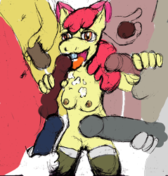 Size: 609x638 | Tagged: explicit, grotesque, artist:nastipone, apple bloom, anthro, banned from derpibooru, big mcintosh, blowbang, blowjob, breasts, double handjob, female, gangbang, group sex, handjob, imported from twibooru, lolicon, nipples, nudity, oral, penis, sex, underage