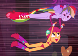 Size: 826x600 | Tagged: explicit, rainbow dash, scootaloo, banned from derpibooru, belly button, boots, bra, breasts, clothes, edit, edited edit, edited screencap, equestria girls, flying, imported from twibooru, lolicon, nipples, nude edit, nudity, panties, screencap, shoes, underage, underwear, underwear edit, vulva