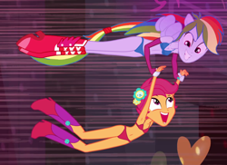 Size: 826x600 | Tagged: suggestive, rainbow dash, scootaloo, banned from derpibooru, belly button, boots, bra, clothes, edit, edited screencap, equestria girls, flying, imported from twibooru, lolicon, panties, screencap, shoes, underage, underwear, underwear edit