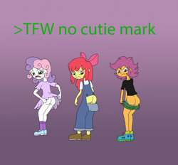 Size: 1356x1259 | Tagged: questionable, apple bloom, scootaloo, sweetie belle, artist needed, banned from derpibooru, blank flank, butt, butt flap, clothes, cutie mark crusaders, equestria girls, greentext, human, humanized, imported from twibooru, jeans, lolicon, mooning, pants, plot, sad, shorts, skirt, text, tfw, underage