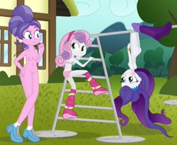 Size: 1248x1024 | Tagged: explicit, artist:ohohokapi, rarity, sweetie belle, banned from derpibooru, blushing, boots, bra, breasts, clothes, cookie crumbles, covering, edit, equestria girls, imported from twibooru, lolicon, nipples, nude edit, nudity, panties, pearl, playground, riding crop, shoes, underage, underwear, underwear edit, upside down, vulva