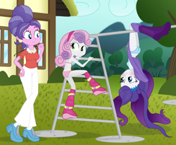 Size: 1248x1024 | Tagged: suggestive, artist:ohohokapi, rarity, sweetie belle, banned from derpibooru, blushing, bra, clothes, cookie crumbles, covering, edit, embarrassed, equestria girls, equestria girls-ified, implied incest, imported from twibooru, lolicon, panties, pearl, playground, riding crop, skirt, skirt flip, underage, underwear, underwear aside, underwear edit, upside down