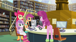 Size: 1920x1080 | Tagged: questionable, apple bloom, scootaloo, sweetie belle, banned from derpibooru, belly button, boots, bra, breasts, cheerilee, clothes, cutie mark crusaders, edit, edited edit, edited screencap, equestria girls, imported from twibooru, library, lolicon, nude edit, nudity, panties, screencap, shoes, strategically covered, underage, underwear, underwear edit