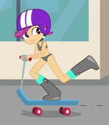 Size: 946x1087 | Tagged: suggestive, scootaloo, banned from derpibooru, belly button, boots, bra, clothes, crop top bra, edit, edited screencap, equestria girls, female, helmet, imported from twibooru, lolicon, panties, scooter, screencap, shoes, solo, solo female, underage, underwear, underwear edit
