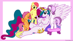 Size: 2799x1577 | Tagged: explicit, artist:theponyplaypen, apple bloom, princess celestia, scootaloo, sweetie belle, anthro, balls, banned from derpibooru, breasts, bukkake, busty princess celestia, cum, cum on breast, cumming, cute, cute porn, cutie mark, cutie mark crusaders, female, futa, futa apple bloom, futa scootaloo, futa sweetie belle, imported from twibooru, intersex, lesbian, lolicon, masturbation, nudity, orgasm, penis, underage