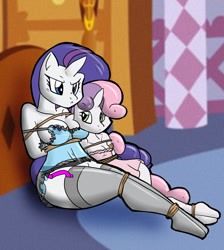 Size: 649x723 | Tagged: questionable, artist:theburningdonut, rarity, sweetie belle, anthro, banned from derpibooru, bondage, bottomless, breasts, busty rarity, cleavage, clothes, feet, female, garter belt, imported from twibooru, lolicon, nightgown, nipples, nudity, partial nudity, plantigrade anthro, see-through, stockings, thigh highs, tied up, underage