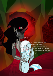 Size: 2360x3348 | Tagged: questionable, artist:v-d-k, oc, oc:snowdrop, anthro, banned from derpibooru, canon x oc, dialogue, featureless crotch, imported from twibooru, king sombra, lolicon, naive, this will end in tears, underage