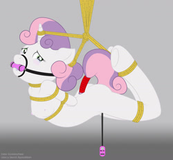 Size: 2400x2215 | Tagged: explicit, artist:eccentricpone, artist:ryuseihikari, sweetie belle, anthro, ass, banned from derpibooru, bit gag, bondage, breasts, butt, colored, crying, egg vibrator, female, gag, imported from twibooru, lineart, lolicon, nudity, rope, rope bondage, sex toy, solo, solo female, suspended, suspension bondage, underage, vibrator