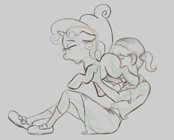 Size: 1050x844 | Tagged: explicit, artist:corwin, sweetie belle, banned from derpibooru, cunnilingus, female, foalcon, human, human on pony action, humanized, humanized human on pony action, imported from twibooru, interspecies, lesbian, lolicon, monochrome, oral, pony, self ponidox, selfcest, sex, shipping, simple background, sketch, underage