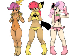 Size: 1014x788 | Tagged: suggestive, artist:kloudmutt, apple bloom, scootaloo, sweetie belle, adorabloom, adorasexy, attached skirt, banned from derpibooru, belly button, clothes, cosplay, costume, cute, cutie mark crusaders, diasweetes, female, human, humanized, imported from twibooru, jigglypuff, light skin, lolicon, midriff, pichu, pikabloom, pokémon, scootachicken, sexy, skirt, torchic, underage, voice actor joke