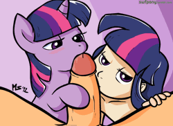 Size: 550x400 | Tagged: explicit, artist:megasweet, twilight sparkle, animated, banned from derpibooru, blowjob, double blowjob, gif, human, human on pony action, human ponidox, humanized, imported from twibooru, interspecies, lolicon, multiple blowjob, nudity, oral, penis, pony, self ponidox, sex, underage