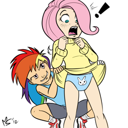 Size: 1280x1280 | Tagged: suggestive, artist:megasweet, fluttershy, rainbow dash, banned from derpibooru, blue underwear, bunny print underwear, clothes, embarrassed, female, human, human coloration, humanized, humiliation, imported from twibooru, lolicon, panties, prank, skirt, skirt lift, surprised, teenager, underage, underwear, upskirt, young, younger