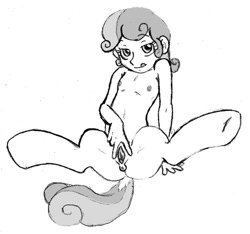 Size: 900x841 | Tagged: explicit, artist:dj-black-n-white, sweetie belle, banned from derpibooru, female, imported from twibooru, lolicon, monochrome, satyr, simple background, solo, solo female, spread pussy, spreading, underage, vagina, white background